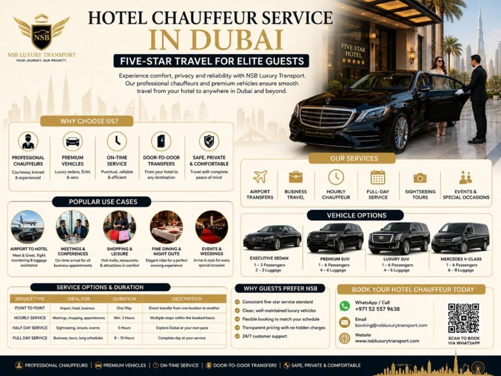 Hotel chauffeur service in Dubai infographic showing luxury vehicles, airport transfers, hourly travel and five-star guest transportation