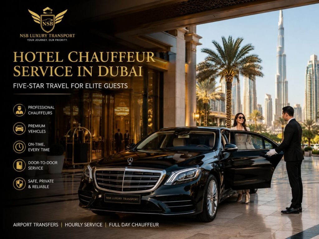Hotel chauffeur service in Dubai with luxury Mercedes, professional chauffeur and five-star hotel guest