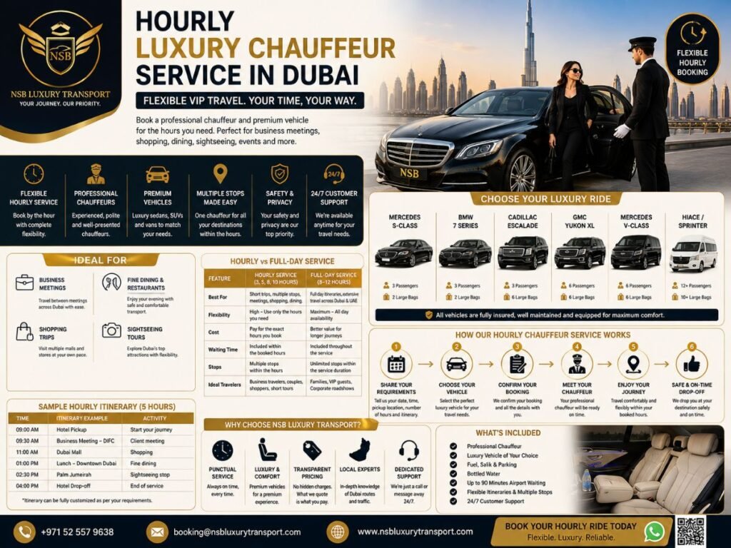 Hourly luxury chauffeur service Dubai with premium vehicle and professional chauffeur for flexible VIP travel