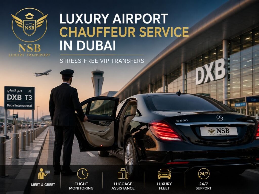 Luxury airport chauffeur Dubai service with professional chauffeur and Mercedes S-Class at Dubai International Airport DXB
