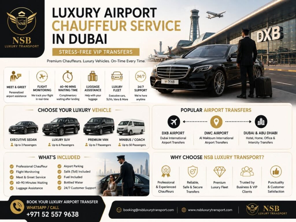 Luxury airport chauffeur Dubai infographic showing DXB transfers, meet and greet, flight monitoring, luggage assistance and premium vehicles
