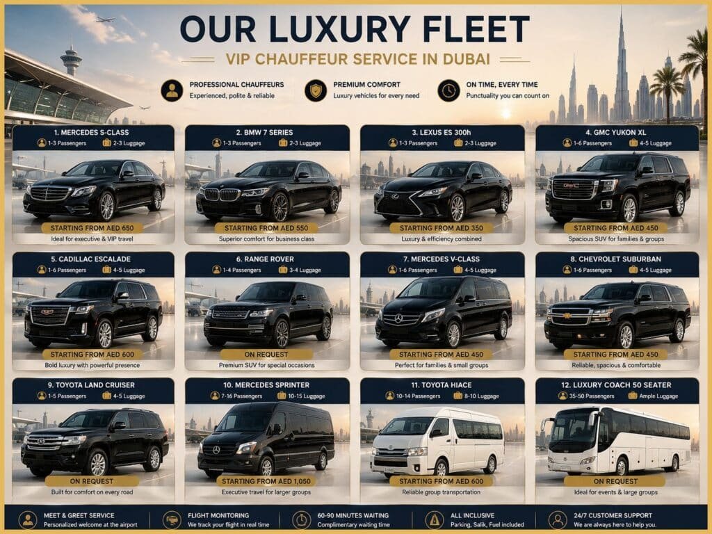 Luxury airport transfer Dubai fleet with premium sedans, SUVs, vans and group vehicles