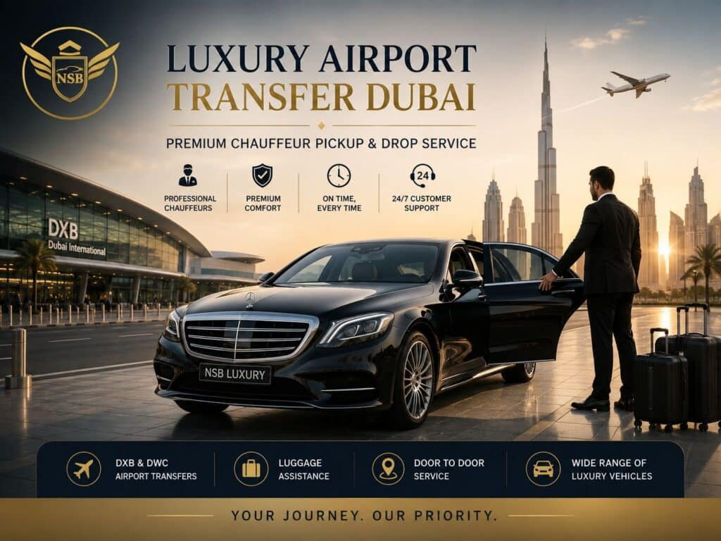 Luxury airport transfer Dubai with professional chauffeur and premium car at DXB Airport