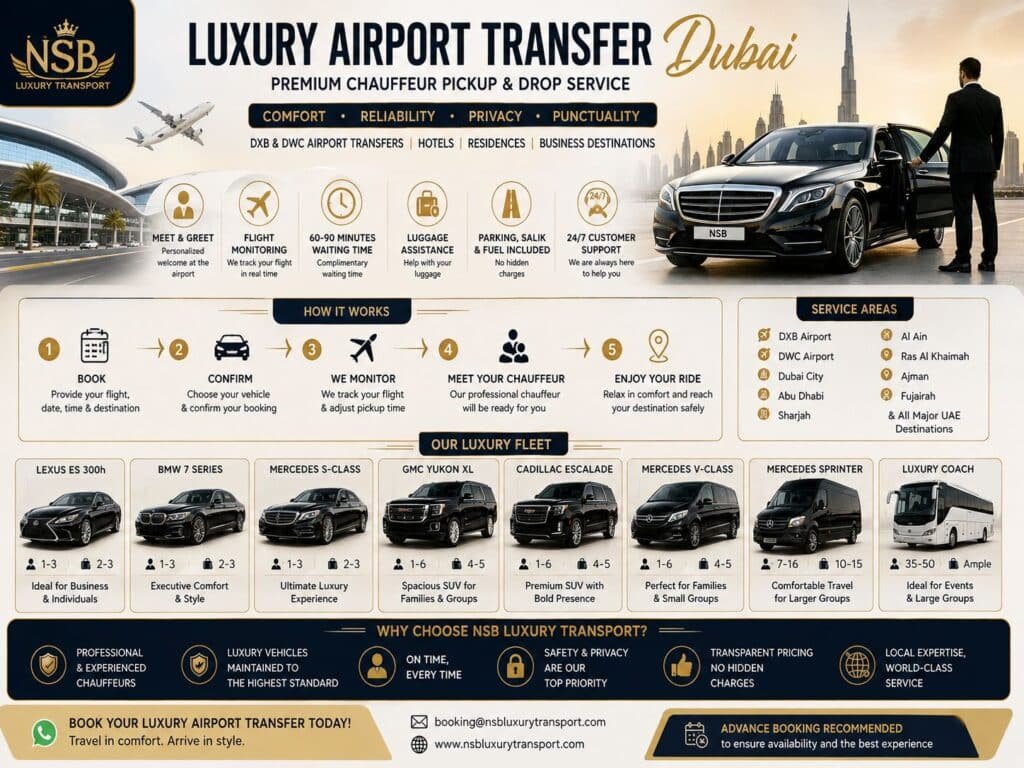 Luxury airport transfer Dubai infographic with chauffeur service, premium fleet and DXB and DWC transfers