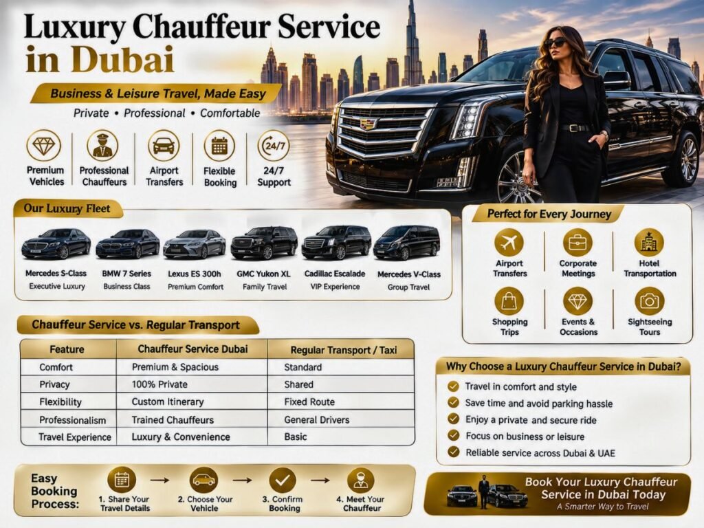 Luxury chauffeur service Dubai infographic with premium vehicles for business and leisure travel