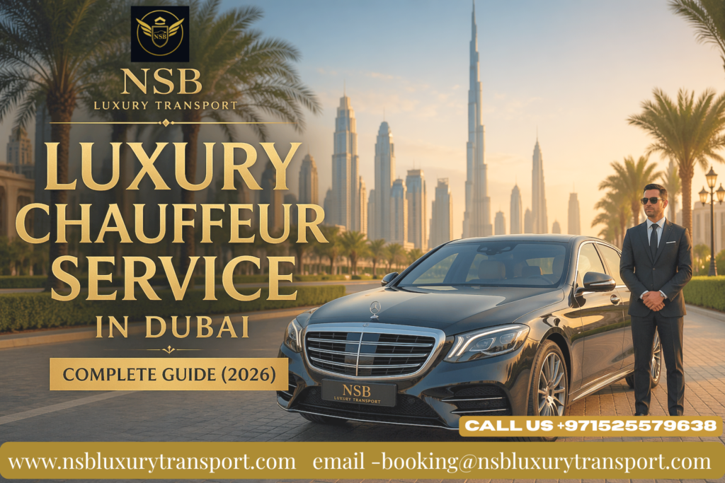 Dubai luxury chauffeur service with Mercedes car and professional driver in city skyline background