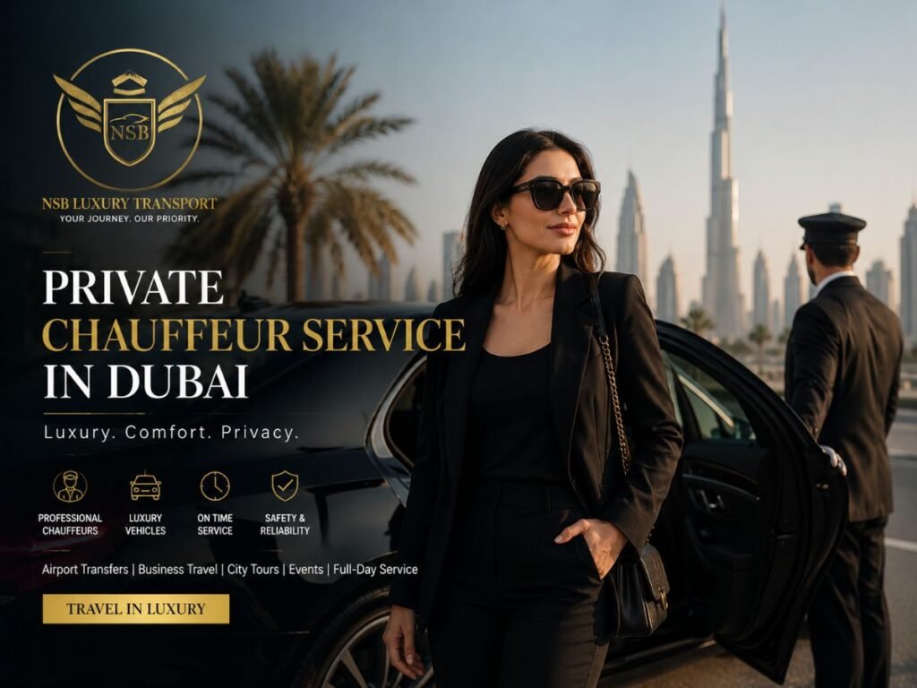 Private chauffeur service Dubai with luxury car, professional chauffeur and female business traveler