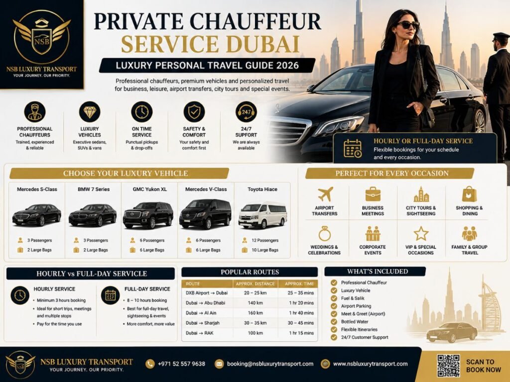 Private chauffeur service Dubai infographic showing luxury vehicles, hourly and full-day travel options