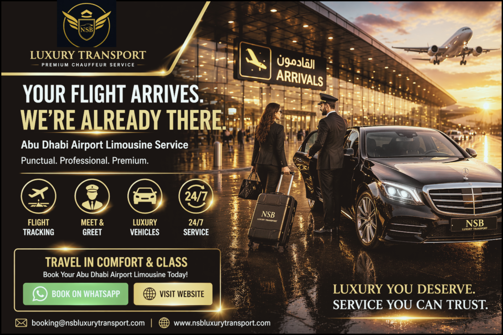 Abu Dhabi Airport Limousine Service luxury chauffeur pickup with premium car at airport arrival terminal by NSB Luxury Transport