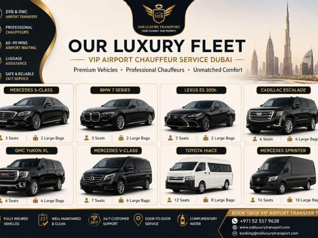 VIP airport chauffeur service Dubai infographic showing DXB and DWC transfers, premium vehicles, flight monitoring and luggage assistance