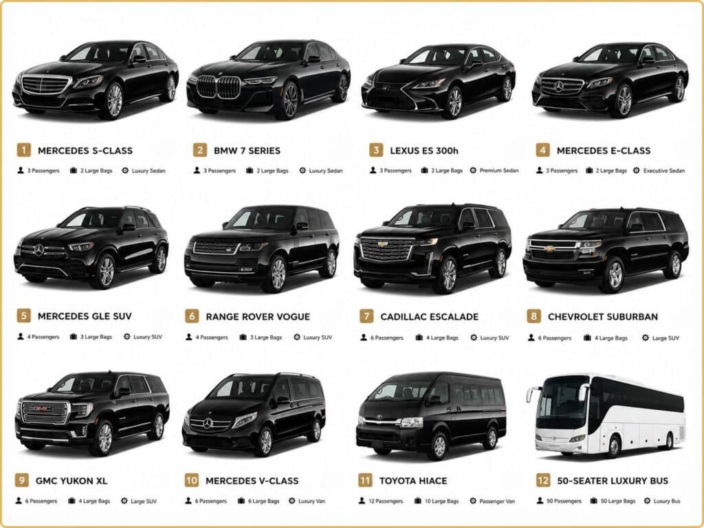 Luxury car fleet for VIP chauffeur service Dubai with sedans, SUVs, vans and buses