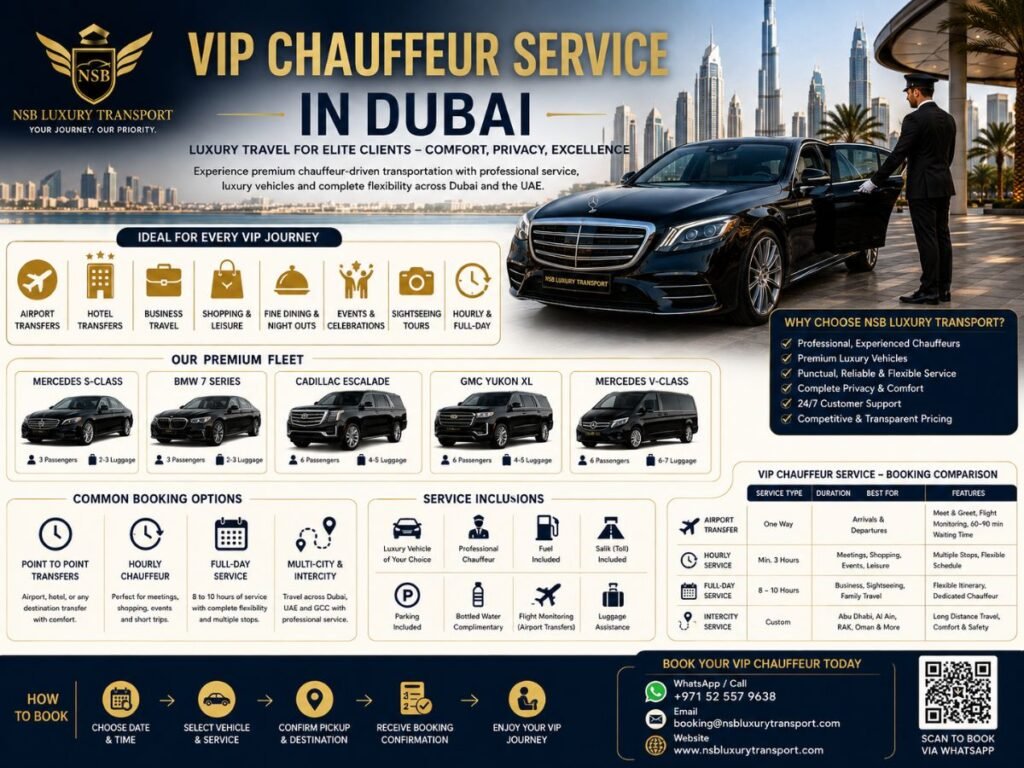 VIP chauffeur service in Dubai infographic with luxury vehicles, airport transfers and professional chauffeur services