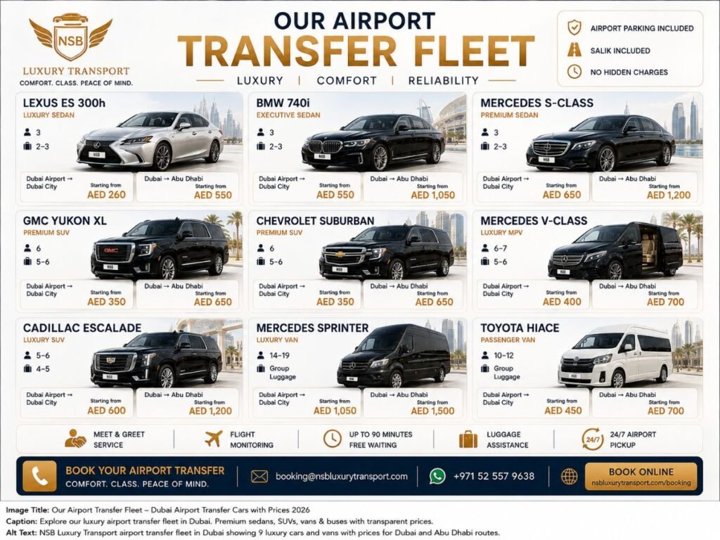 Dubai airport transfer fleet with 9 luxury vehicles and starting prices for Dubai and Abu Dhabi transfers