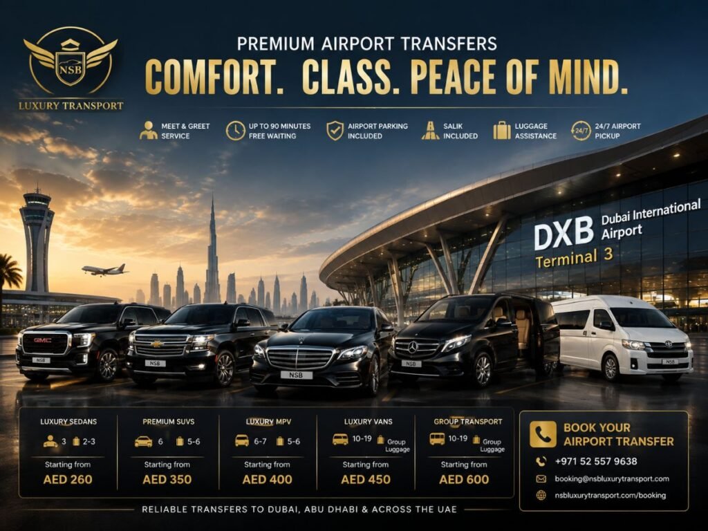 Dubai airport transfer with luxury chauffeur fleet at DXB Airport including premium sedans, SUVs, Mercedes V-Class and group vehicles