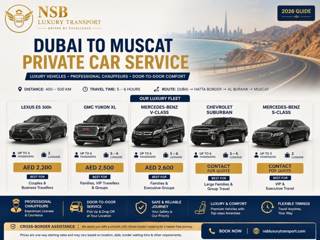 Dubai to Muscat private car fleet infographic showing Lexus ES 300h, GMC Yukon XL, Mercedes-Benz V-Class, Chevrolet Suburban, and Mercedes-Benz S-Class with passenger capacity and starting prices by NSB Luxury Transport