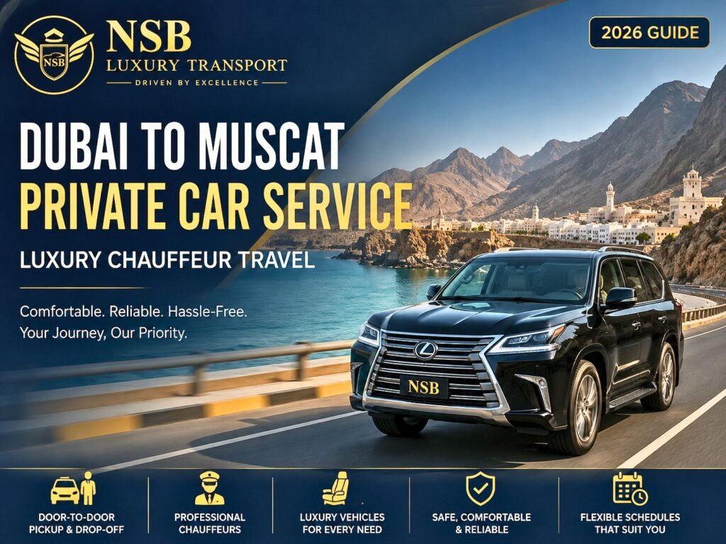 Dubai to Muscat private car service with a luxury SUV driving along Oman's scenic coastal highway, featuring NSB Luxury Transport chauffeur service