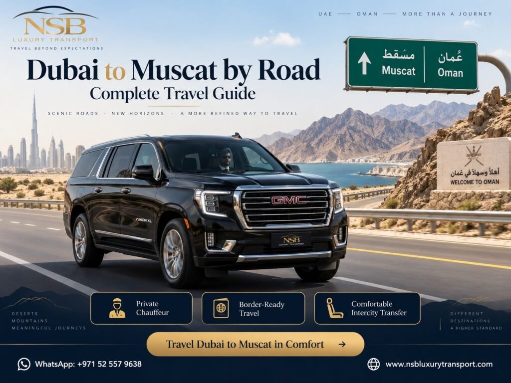 Dubai to Muscat by road with NSB Luxury Transport GMC Yukon, Dubai skyline, Oman mountains and Muscat road signs.