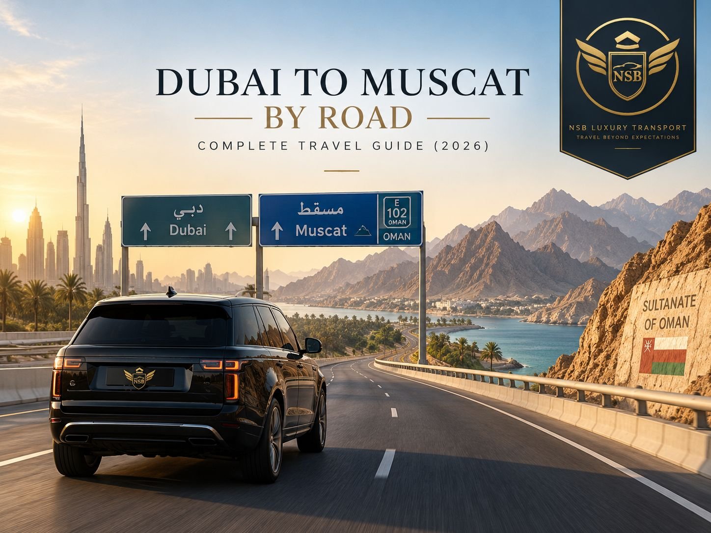 Dubai to Muscat by road with a luxury SUV, Dubai skyline, Muscat road signs and Oman mountain scenery