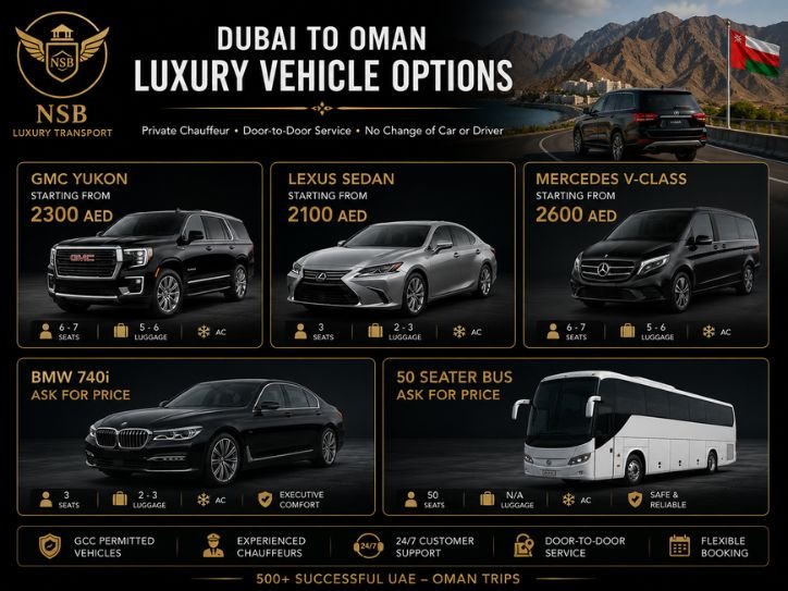 GMC Yukon, Lexus sedan, Mercedes V-Class, BMW 740i and 50-seater bus available for cross-border chauffeur journeys