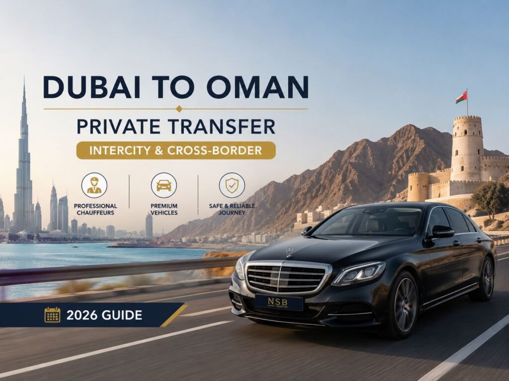Dubai to Oman private transfer with luxury chauffeur vehicle for intercity and cross-border travel from UAE to Oman.