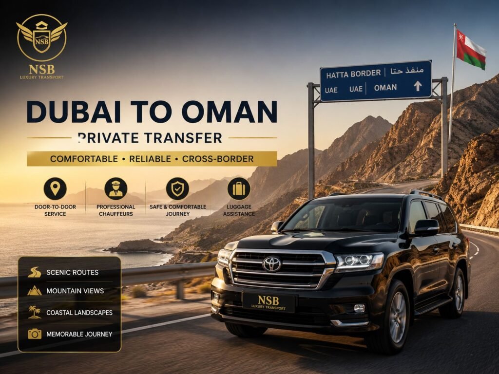 Dubai to Oman private transfer with luxury SUV on a scenic mountain road for comfortable cross-border chauffeur travel.
