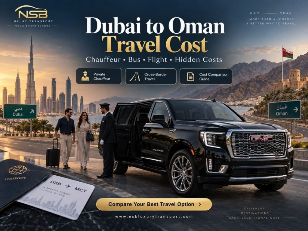 Dubai to Oman travel cost 2026 with private chauffeur, GMC Yukon, cross-border road travel and transport cost comparison