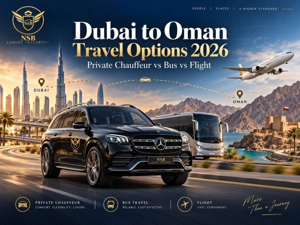 Dubai to Oman travel options showing private chauffeur, bus and flight choices between Dubai and Oman with NSB Luxury Transport.