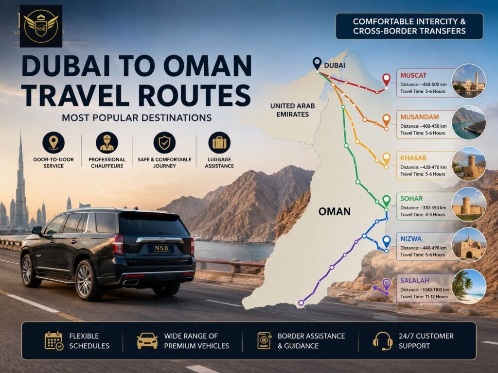 Dubai to Oman private transfer routes showing Muscat, Musandam, Khasab, Sohar, Nizwa and Salalah with luxury chauffeur service.