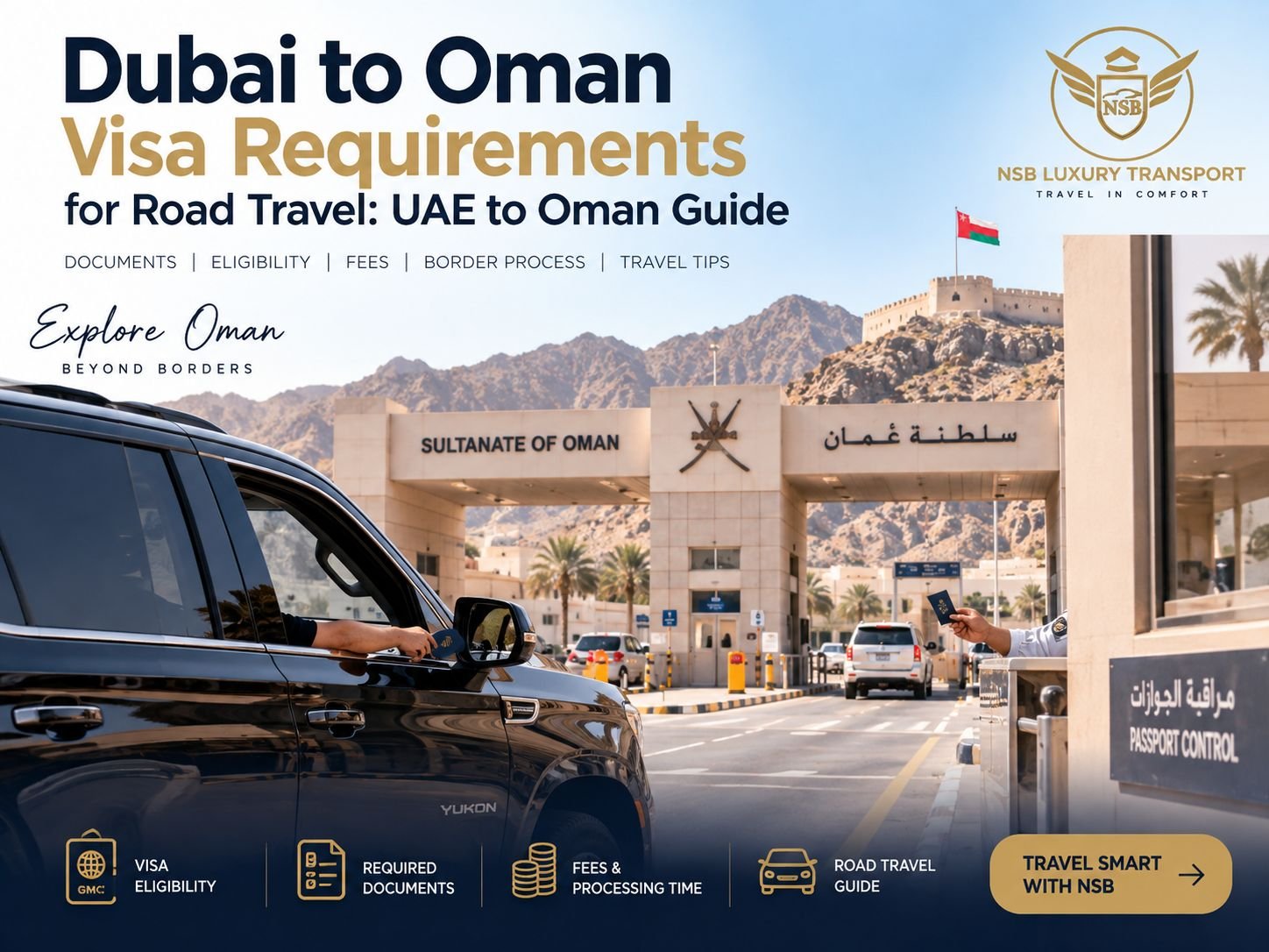 Dubai to Oman road travel at an Oman border checkpoint with passport control, luxury SUV and visa requirement information