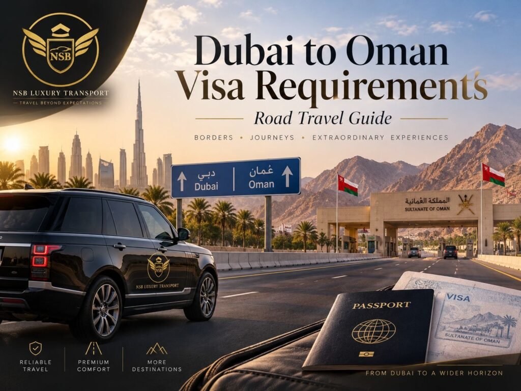 Dubai to Oman visa requirements for road travel with luxury vehicle, passport, visa documents and Oman border crossing.