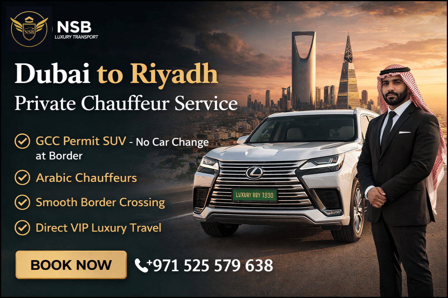 Private chauffeur car from Dubai to Riyadh Saudi Arabia for long-distance road travel