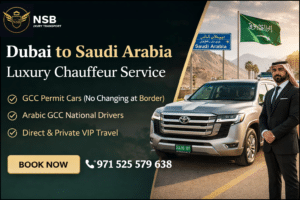 Dubai to Saudi Arabia luxury chauffeur service Toyota Land Cruiser GCC permit private transfer