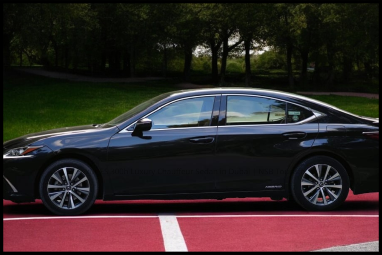 Luxury Lexus ES 300h sedan available for private chauffeur travel from Dubai to Saudi Arabia.