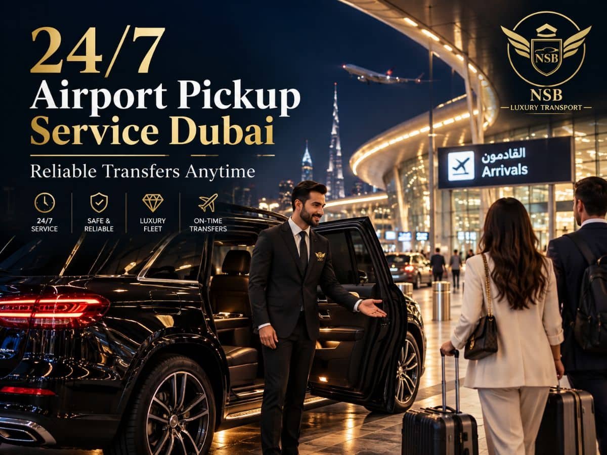 24/7 airport pickup service Dubai with NSB Luxury Transport chauffeur, luxury SUV and passengers at Dubai airport arrivals