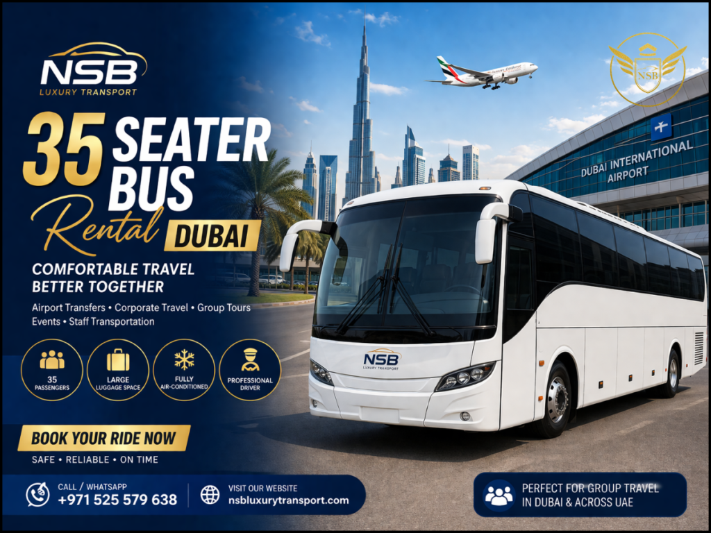 35 seater bus rental Dubai airport transfer group transport NSB Luxury Transport