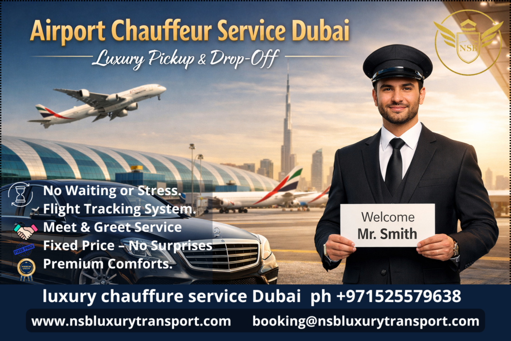 Airport Chauffeur Service Dubai luxury pickup with professional driver and premium car at Dubai airport