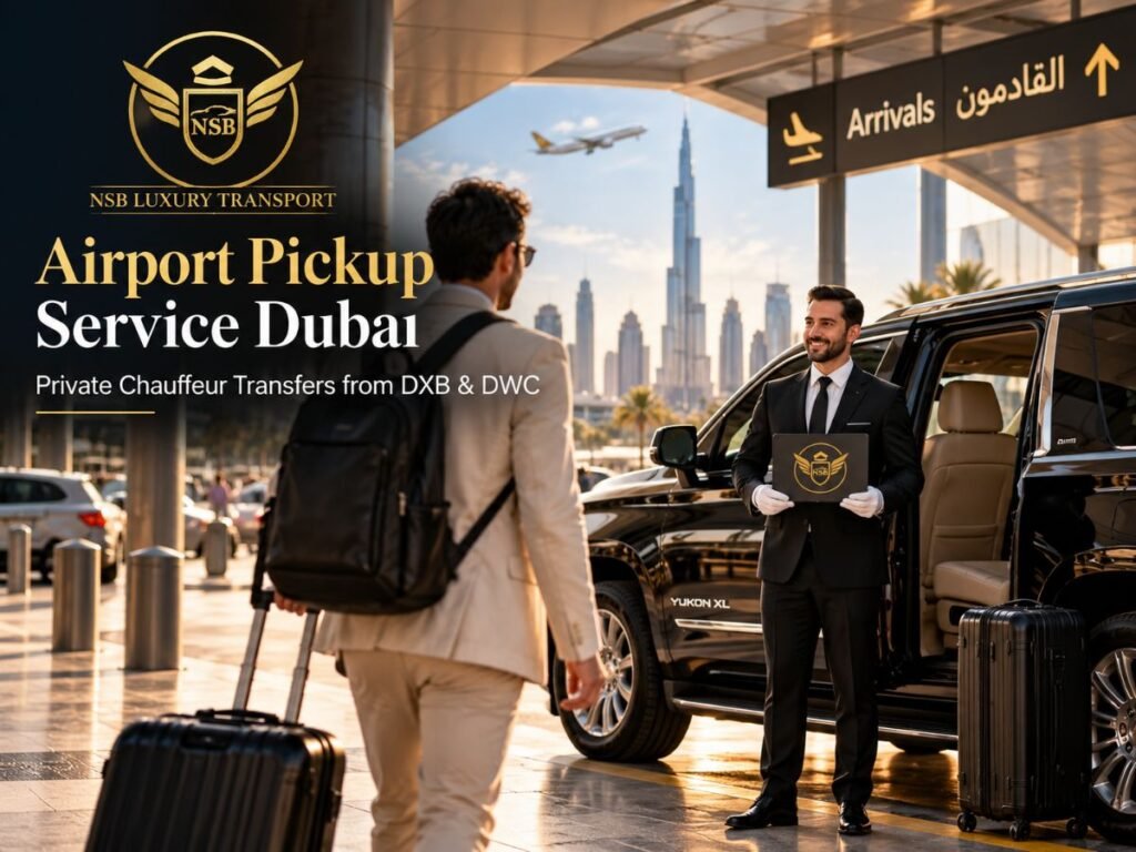 Professional NSB Luxury Transport chauffeur welcoming a passenger beside a luxury SUV for airport pickup service in Dubai from DXB and DWC