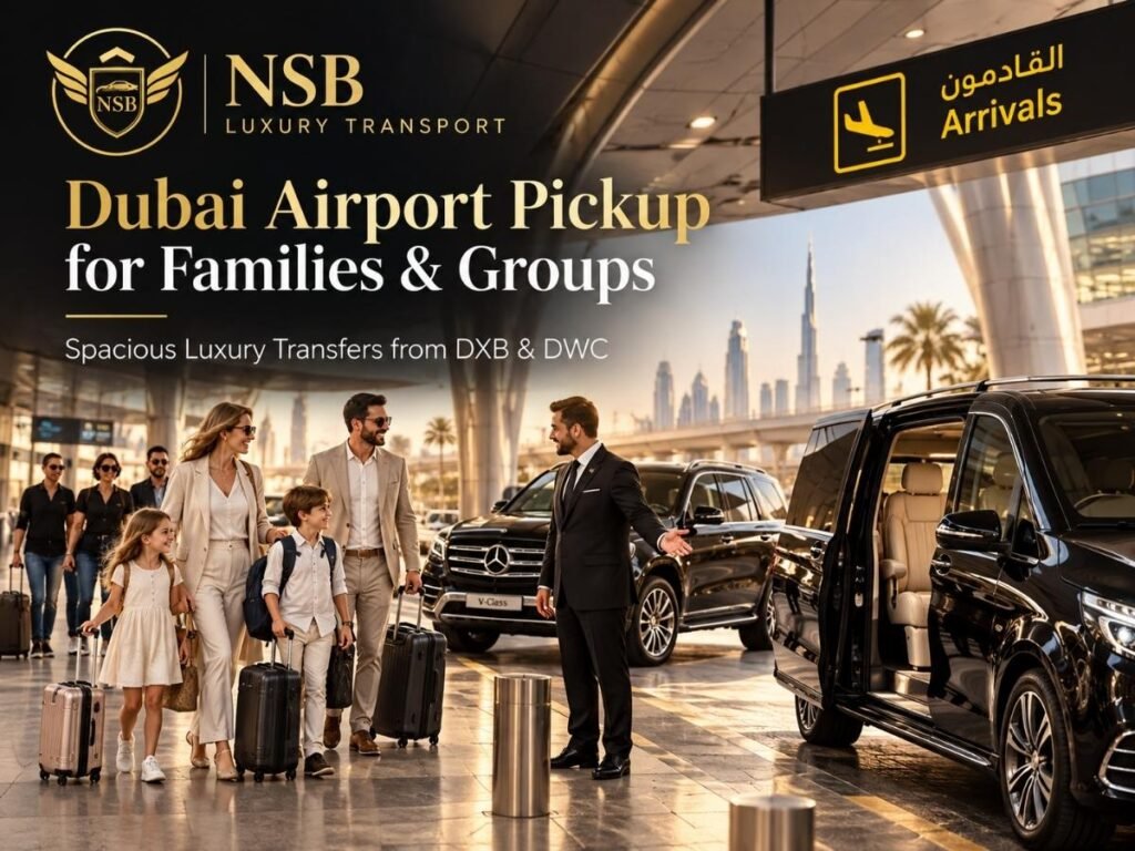 Family and group airport pickup service in Dubai by NSB Luxury Transport with luxury chauffeur, spacious vehicle and luggage assistance at the airport.