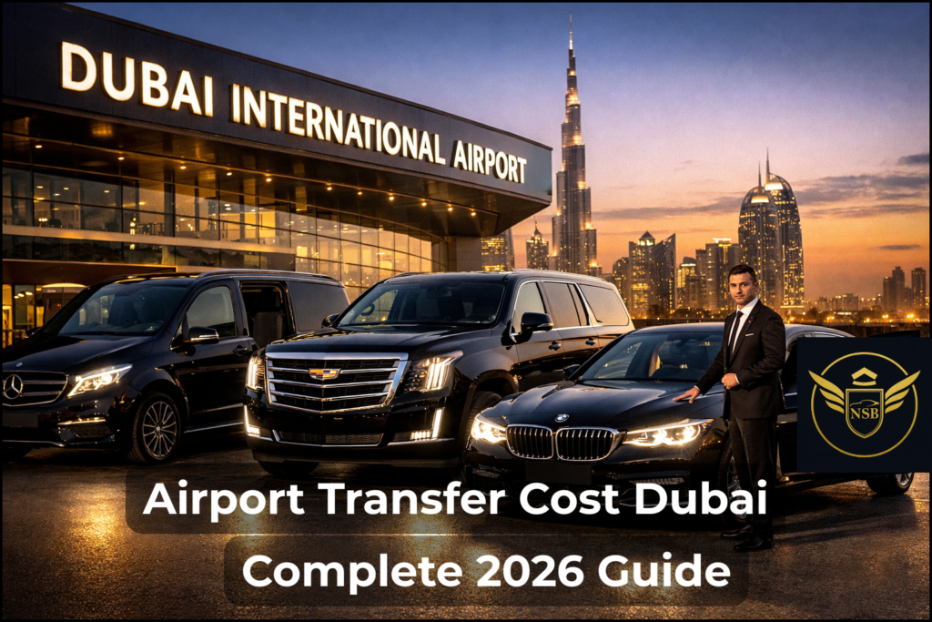 Airport transfer cost Dubai luxury chauffeur service vehicles DXB