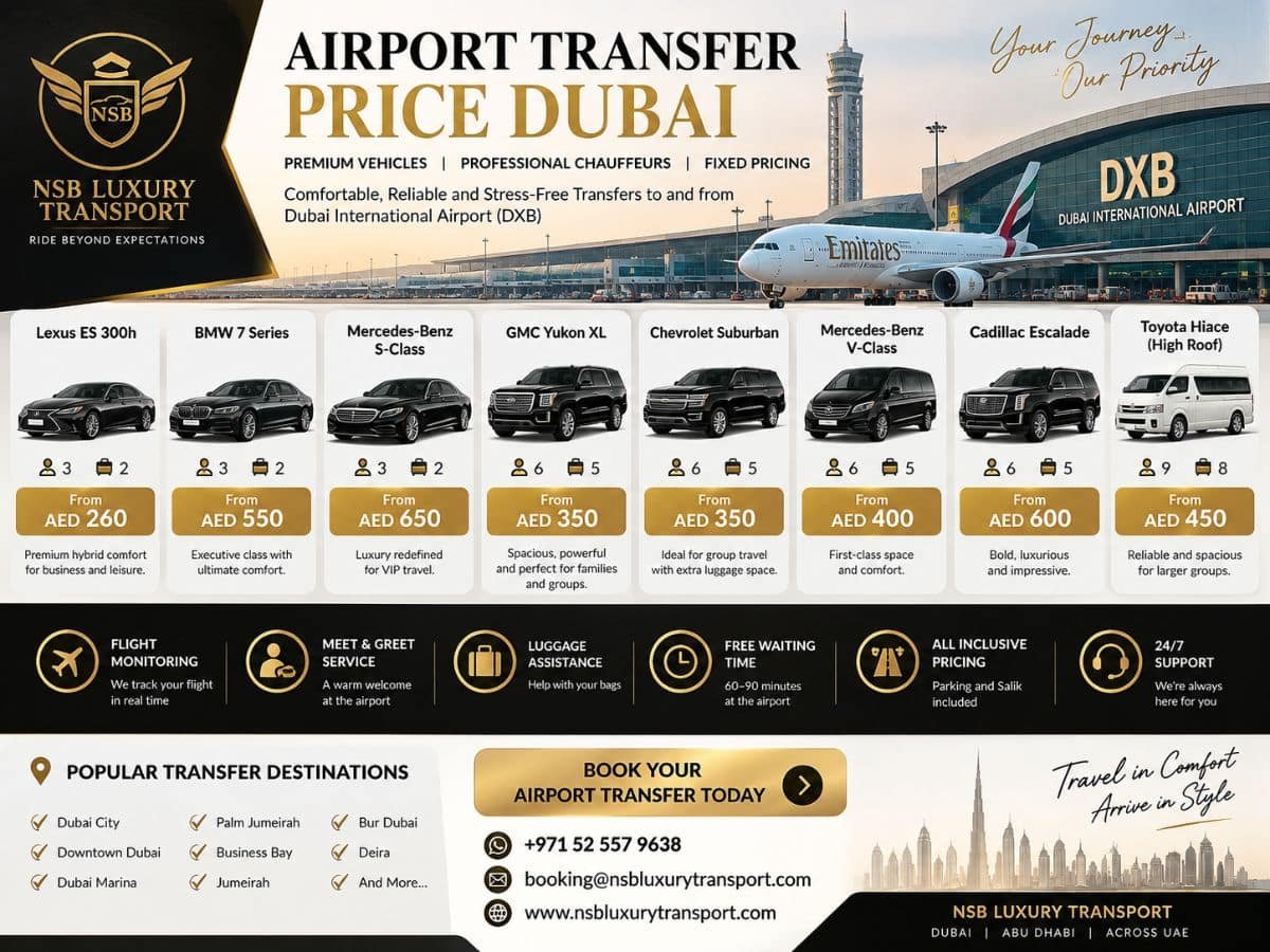 Airport Transfer Price Dubai infographic with NSB Luxury Transport vehicle rates and service information