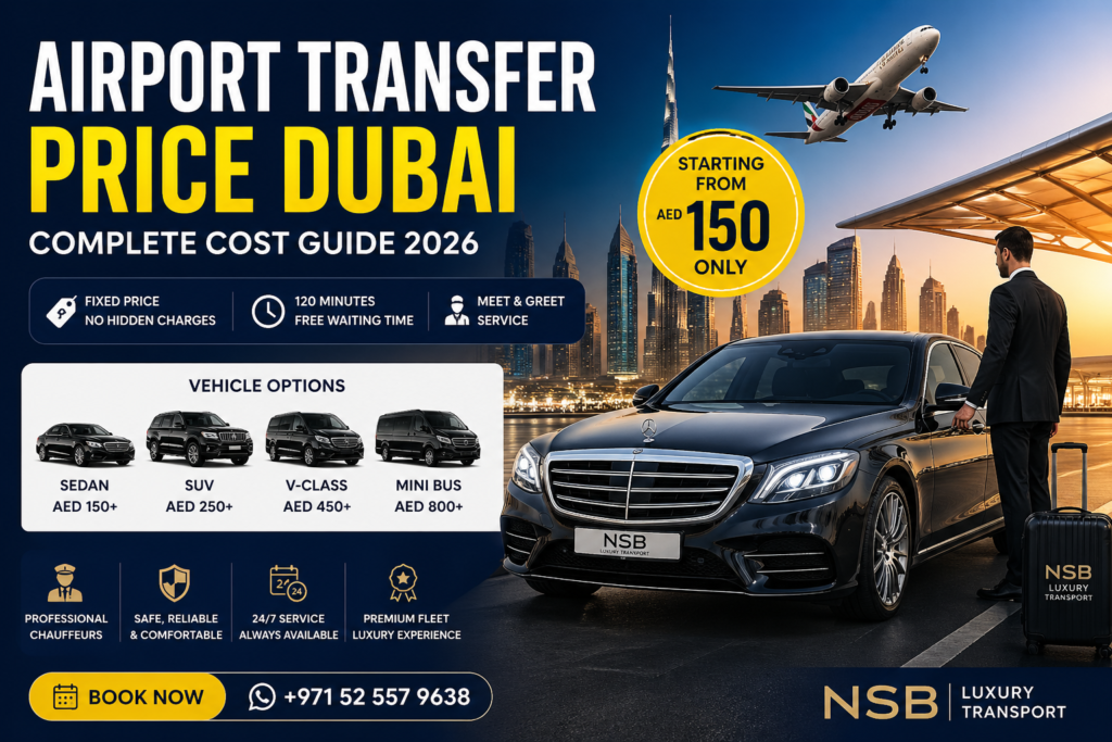 airport transfer price dubai luxury chauffeur service with sedan suv and v class at dubai airport