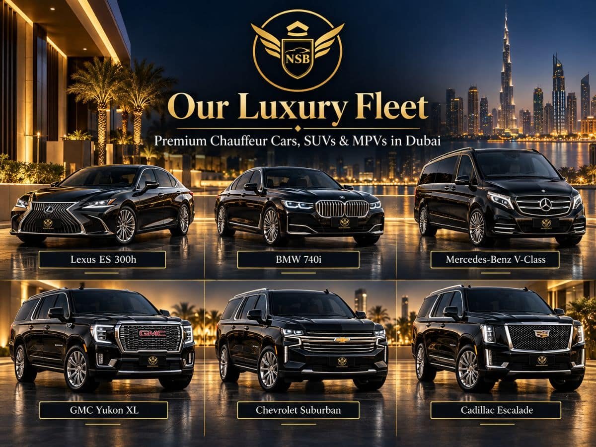 Black Cadillac Escalade luxury SUV in daylight for airport pickup and chauffeur service in Dubai by NSB Luxury Transport