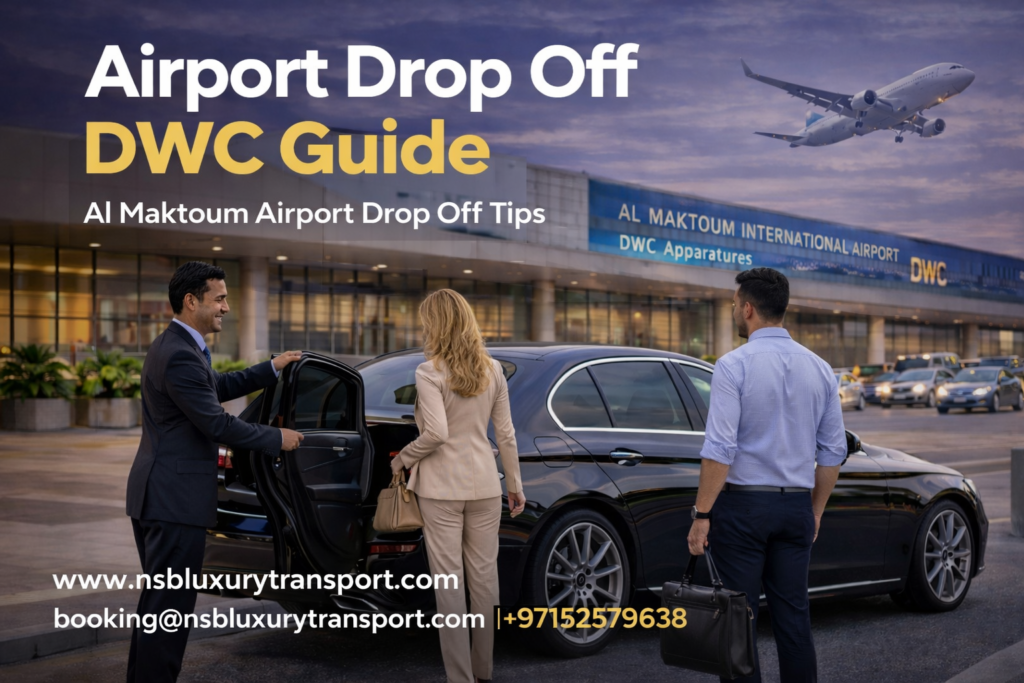 DWC airport drop off guide showing luxury chauffeur service at Al Maktoum Airport Dubai with premium car and passenger drop off