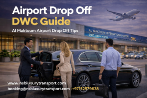 DWC airport drop off guide showing luxury chauffeur service at Al Maktoum Airport Dubai with premium car and passenger drop off