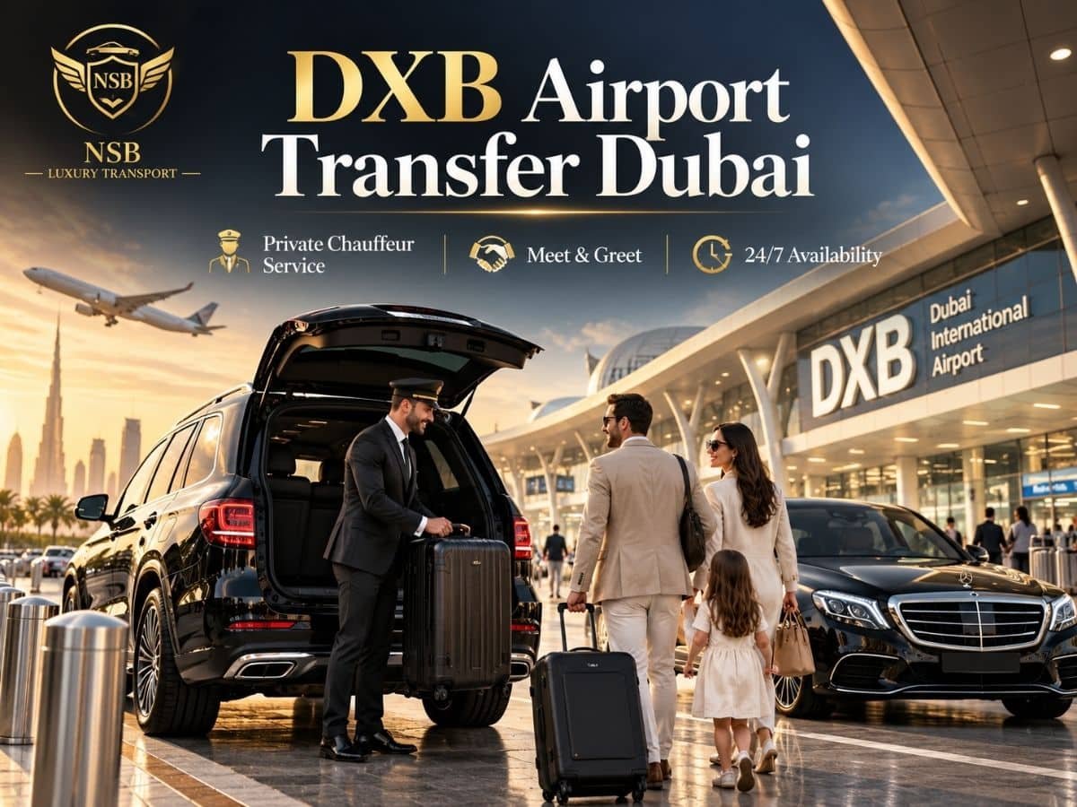 NSB Luxury Transport chauffeur assisting travellers with luggage beside a luxury SUV at Dubai International Airport