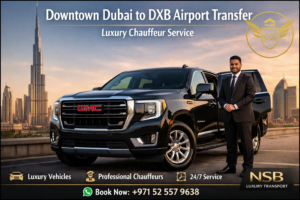 Downtown Dubai to DXB Airport transfer luxury chauffeur service with GMC Yukon near Burj Khalifa