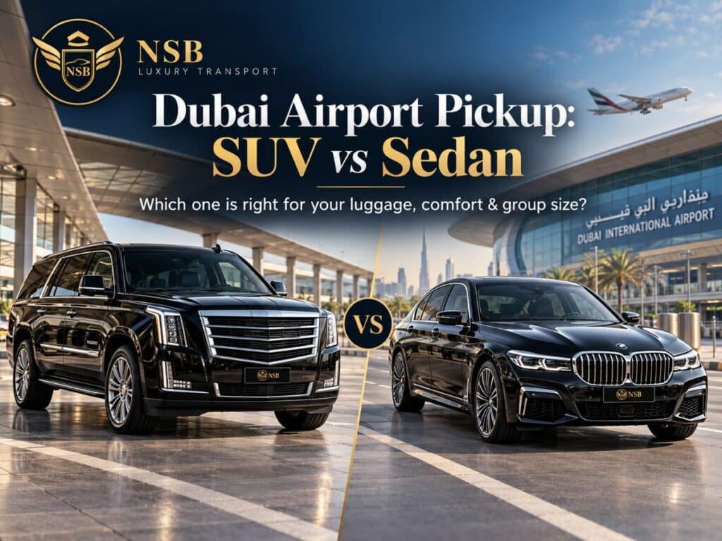Dubai airport pickup SUV vs sedan comparison showing a luxury Cadillac Escalade SUV and BMW sedan outside Dubai International Airport by NSB Luxury Transport.
