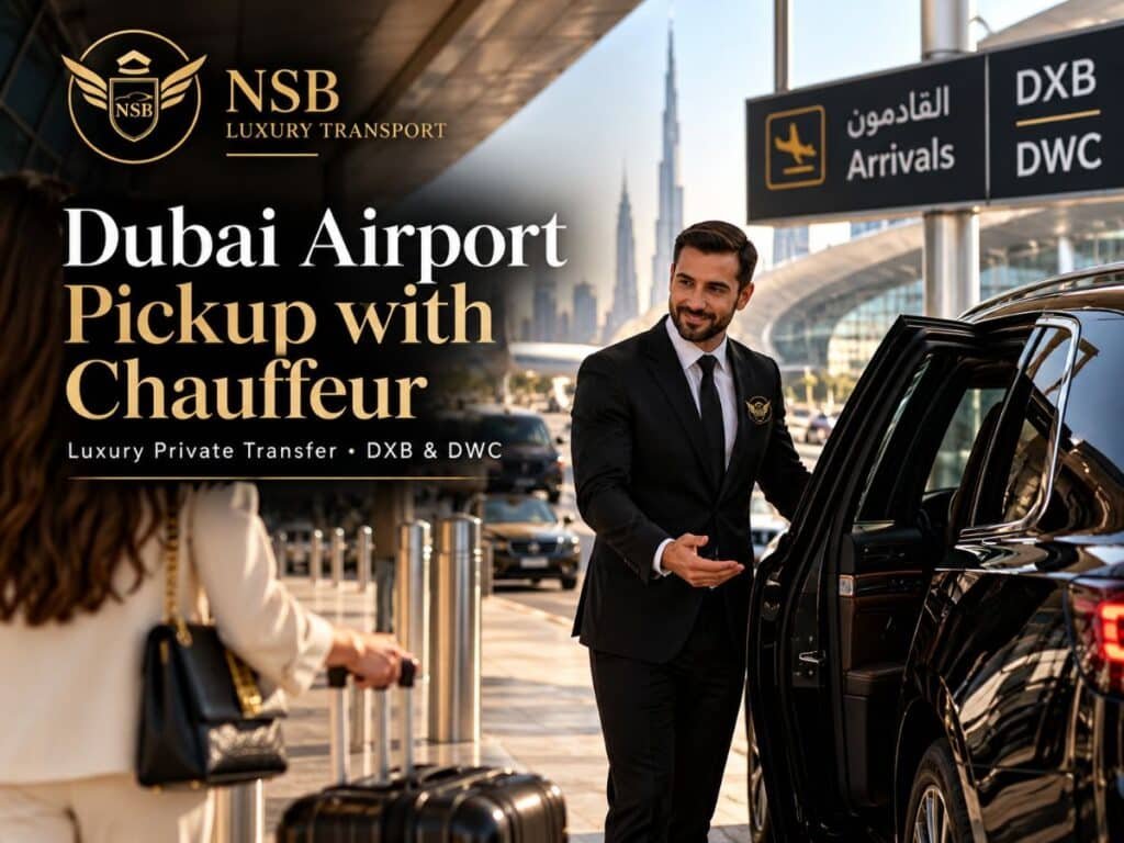 Dubai airport pickup with chauffeur by NSB Luxury Transport showing professional driver, luxury SUV and passenger at airport arrivals