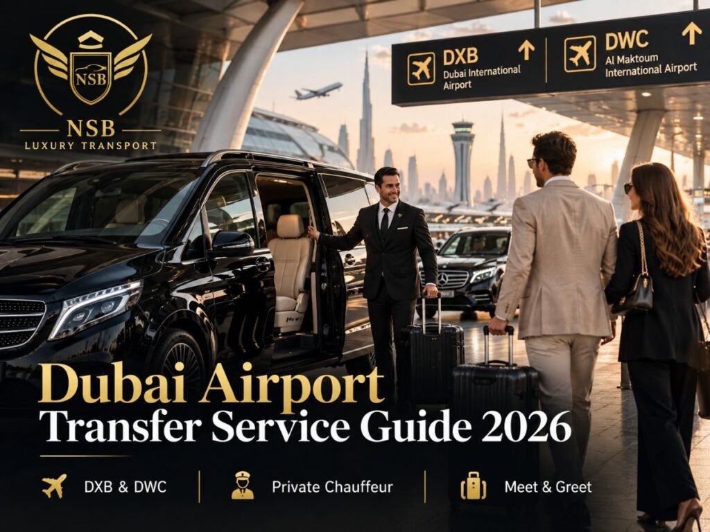 Luxury Dubai airport transfer service with chauffeur, meet and greet, premium vehicle pickup at DXB and DWC by NSB Luxury Transport