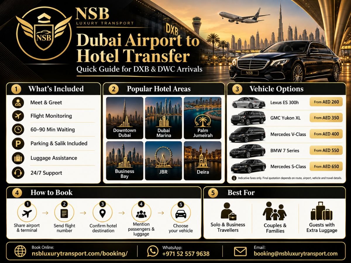 Infographic showing Dubai airport to hotel transfer inclusions, popular hotel areas, vehicle options, indicative prices and booking steps with NSB Luxury Transport